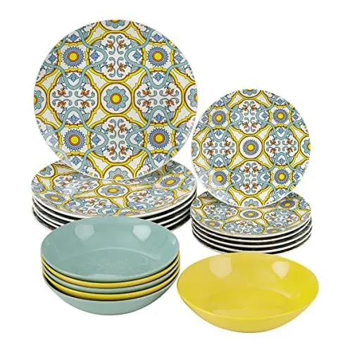 Produktbild: Baroni Home Teller-Set, 18 Teile aus Porzellan und Steingut, Tellerservice für 6 Personen, Bunte Tischplatten, Ortigia Muster