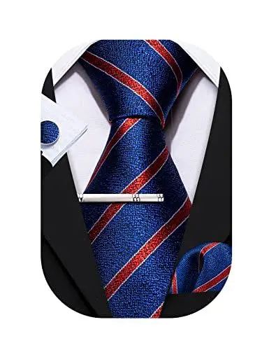 Produktbild: Barry.Wang Herren Krawatte Set Seiden-Geschäfts-Streifen Plaid-Krawatten-Set mit Taschentuch Manschettenknopf für Hochzeit Formell