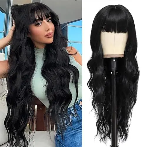 Produktbild: BARSDAR Lange Natürliche Schwarz Perücke mit Pony, 66cm Lange Gewellte Perücke mit Pony für Frauen Synthetische Haar Perücken Natürliches Aussehen Täglich Cosplay Party Halloween