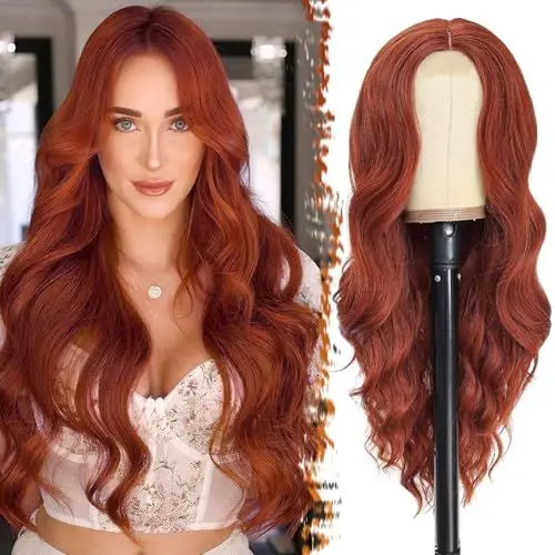 Produktbild: BARSDAR Lange Kupfer Auburn Perücke für Frauen 66cm Lange Wellig Mittelscheitel Perücke Natürliche Synthetische Hitzebeständig Haar Replacement Perücke Tägliche Party - Kupfer Auburn