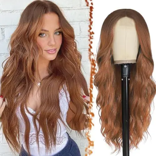 Produktbild: BARSDAR Lange Wellig Auburn Perücke, 66cm Mittelscheitel Lockige Wellig Perücke Natürliche Synthetische Haar Replacement Perücken Hitzebeständig für Frauen Tägliche Party Halloween (Ombre Auburn)
