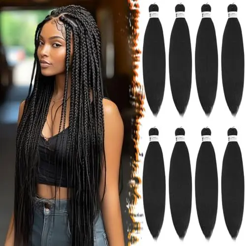 Produktbild: BARSDAR Pre-Stretched Braiding Haare, 66cm 8 Packs Lange Hair Jet Schwarz für Crochet Twist oder Box Braids EZ Yaki Hot Water Setting Synthetik Extension - 1B# Jet Schwarz