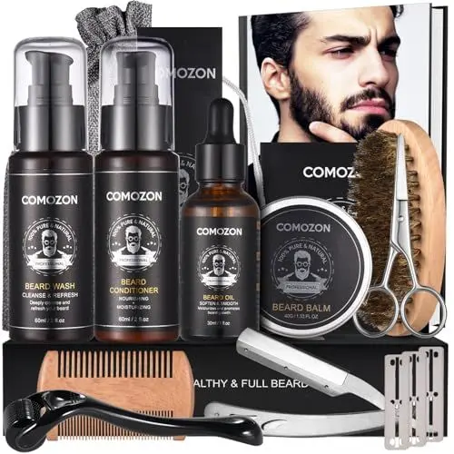 Produktbild: Bartroller,Bartpflege Set Mit Bart Roller Bartwuchsmittel Männer Comozon Bartroller Beard Growth Kit Mit Bartshampoo Bartöl Bartbalsam Rasiermesser Bartbürste Bartkamm Bartschere