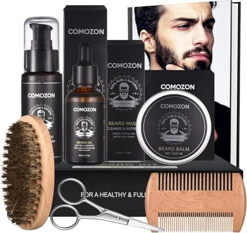 Produktbild: Bartroller,Bartpflege Set Mit Bart Roller Bartwuchsmittel Männer Comozon Bartroller Beard Growth Kit Mit Bartshampoo Bartöl Bartbalsam Rasiermesser Bartbürste Bartkamm Bartschere (6-in-1)