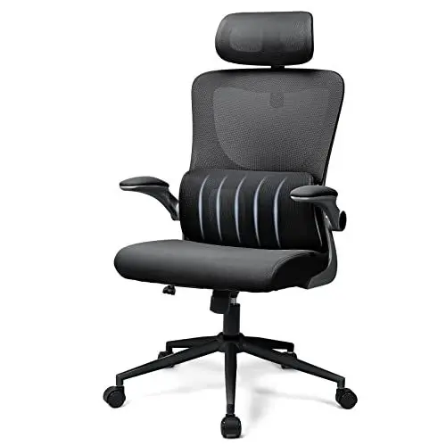 Produktbild: BASETBL Ergonomischer Bürostuhl mit Lordosenstütze und Kopfstütze, Schreibtischstuhl ergonomisch mit klappbaren armlehnen, Drehstuhl, Pc Stuhl mit Höhenverstellung und Wippfunktion,Schwarz