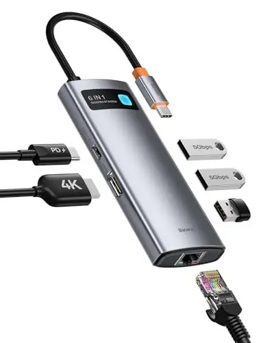 Produktbild: Baseus 6 in 1 USB C Hub Adapter mit 4K HDMI, Gigabit Ethernet, 100W PD USB C, 3 USB A 3.0, USB Docking Station für Laptop MacBook Pro/Air, Surface Pro, iPad Pro, Dell, Steam Deck, Samsung