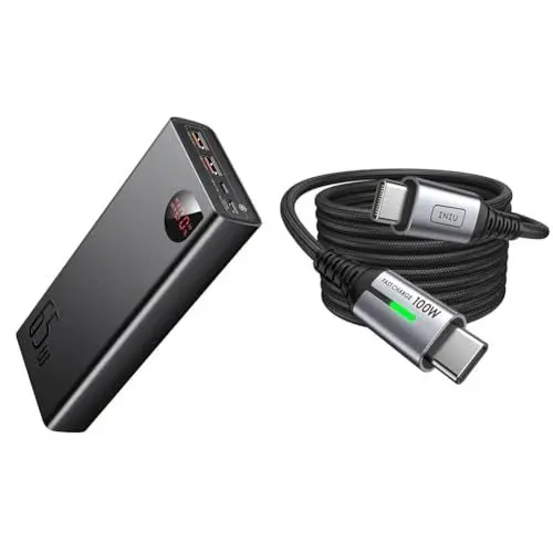 Produktbild: Baseus Power Bank, 65W 20000mAh Powerbank schnelles Aufladen & INIU USB C Kabel, 100W (2m) PD3.0 Schnellladekabel USB C auf USB C