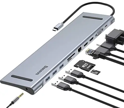 Produktbild: Baseus USB C Docking Station Triple Display, 11-in-1 4K USB C Dock Laptop USB C HUB mit 2 4K HDMI, VGA, Gigabit Ethernet, 100W PD, 3 USB, SD/TF Kartenleser, 3,5mm Audio für Windows,Mac,Samsung Galaxy