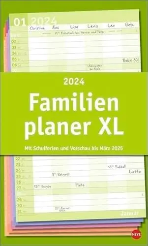 Produktbild: Basic Familienplaner XL 2024. Familienkalender mit 6 Spalten. Praktischer Familien-Wandkalender mit Schulferien. Extra breiter Terminkalender. 27 x 45 cm.