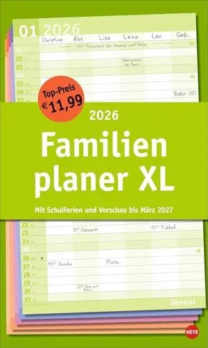 Produktbild: Basic Familienplaner XL 2026: Familienkalender mit 6 Spalten. Praktischer Familien-Wandkalender mit Schulferien. Extra breiter Terminkalender. 27 x 45 cm. (Familienplaner Heye)