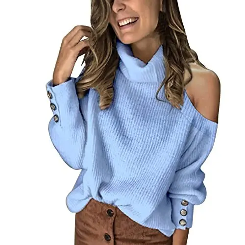Produktbild: Basic Langarmshirt Damen Pulli Damen 100% Merinowolle Strickpullover Damenmode Fleece Hoody Damen Grobstrickpullover Damen Pullover Damen Sexy Kaschmir Cashmere Damen Strickpullover Oversize Blau