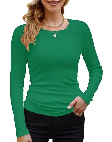 Produktbild: Basic T-Shirt Damen Mit Langen Ärmeln Elegant Rippshirt Pullover Herbst（Grün，XL