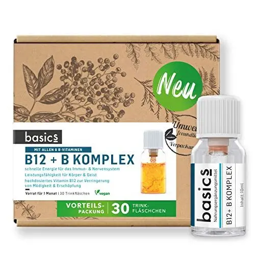 Produktbild: basics B12 + B-Komplex mit allen 8 B-Vitaminen - Hochdosiert mit 500mcg Vitamin B12 - für mehr Energie - 30 Trinkflaschen - 10ml pro Tagesdosis - Vegan