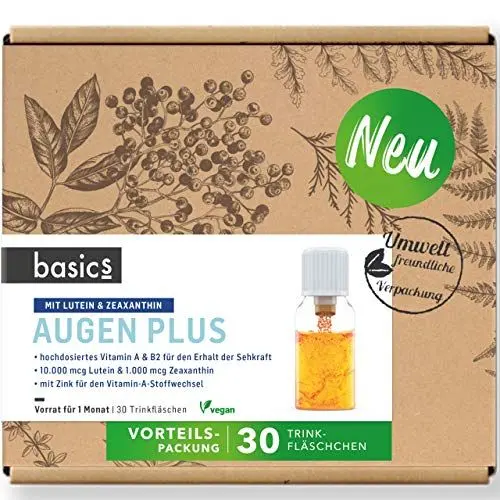 Produktbild: basics Augen Vitamin Komplex Monatskur, 30 x 10ml Fläschchen - hochdosiert, Vegan, mit Lutein, Vitamin A, Zeaxanthin und Zink - für den Erhalt der Sehkraft