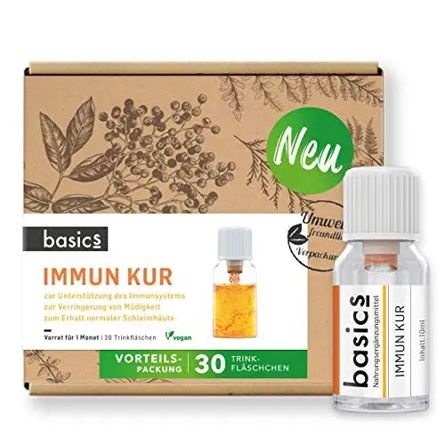 Produktbild: basics Immun Kur mit 15 Mikronährstoffen - Multivitamin Supplement mit Mineralstoffe - unterstützt Immunsystem und Energiestoffwechsel - 30 Trinkflaschen - 10ml pro Tagesdosis - Vegan