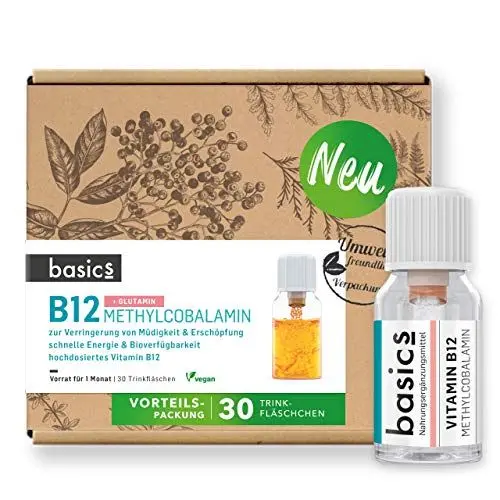 Produktbild: basics Vitamin B12 Methylcobalamin Monatskur, 30 x 10ml Fläschchen - hochdosiertes Vitamin B12 & Glutamin - zur Verringerung von Müdigkeit und Erschöpfung - in Deutschland produziert