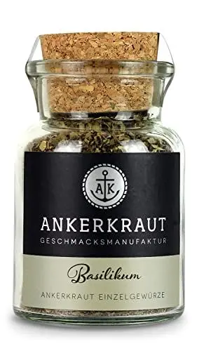 Produktbild: Ankerkraut Basilikum, Kräuter Basilikum, gerebelt, 25g im Korkenglas