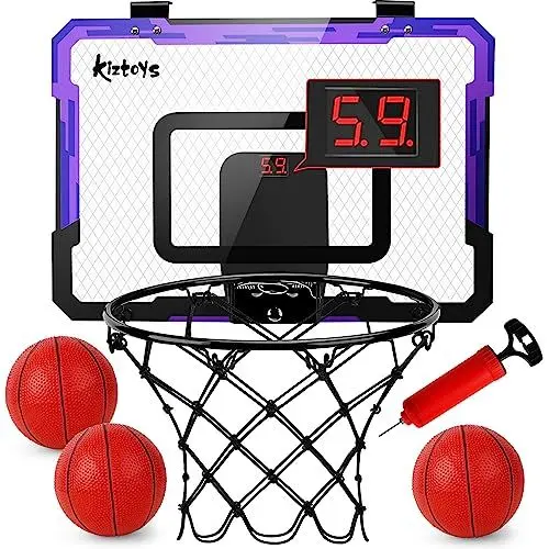 Produktbild: Kiztoys Basketballkorb Indoor Kinder - Basketball Korb im Zimmer Wandmontage mit Elektronische Anzeigetafel, 3 Balls und Luftpumpe, Basketballkörbe tür Set Spielzeug für Jungen Indoor Outdoor