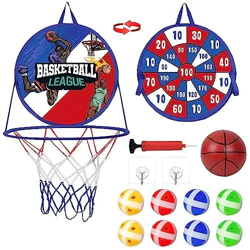 Produktbild: Basketballkorb mit Dartscheibe-Set für Kinder, 2 in 1 Dartscheibe und Mini Basketballkorb Zimmer Spielzeug, Faltbares Indoor und Outdoor Wurfspiel Geschenk für Kinder, Mädchen und Jungen