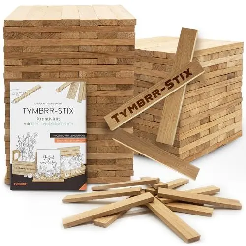 Produktbild: TYMBRR, 290 Holzklötzchen Eiche, Bastelholz, feinst geschliffen, OHNE Klebeband, 160x23x8mm, Bastelklötzchen für DIY-Projekte und Deko