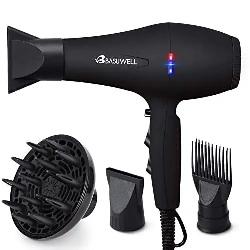 Produktbild: Basuwell Haartrockner Ionen Profi Haartrockner 2100W Salon Trockner 3 Heizung 2 Geschwindigkeitseinstellung weit Infrarot-Trockner Geräuscharm AC-Motor mit Fön Diffusor - Schwarz