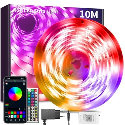Produktbild: Led Strip 10m RGB LED Streifen mit Fernbedienung Bluetooth Musik Sync Timer-Einstellung Dimmbar Farbwechsel Led Lichterkette Lichtband Leiste Band für Zuhause Party