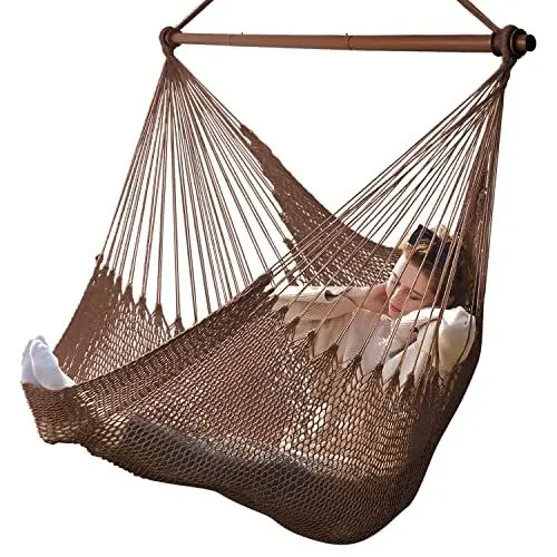 Produktbild: Bathonly Großer Hängesessel mit Metall-Spreizstange, bis 150 kg belastbar, Karibik Hängeschaukel, XL Handgewebt Hängestuhl für Indoor und Outdoor, Wohnzimmer, Terrasse, Garten, Balkon (Dunkelbraun)