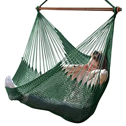 Produktbild: Bathonly Großer Hängesessel mit Metall-Spreizstange, bis 150 kg belastbar, Karibik Hängeschaukel, XL Handgewebt Hängestuhl für Indoor und Outdoor, Wohnzimmer, Terrasse, Garten, Balkon, Grün