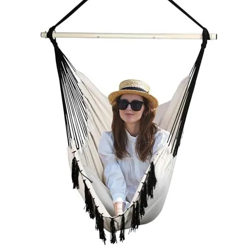 Produktbild: Bathonly Hängesessel Schaukel Outdoor Indoor Makramee Hängesessel mit Tasche für Schlafzimmer & Draußen, Elfenbeinweiß