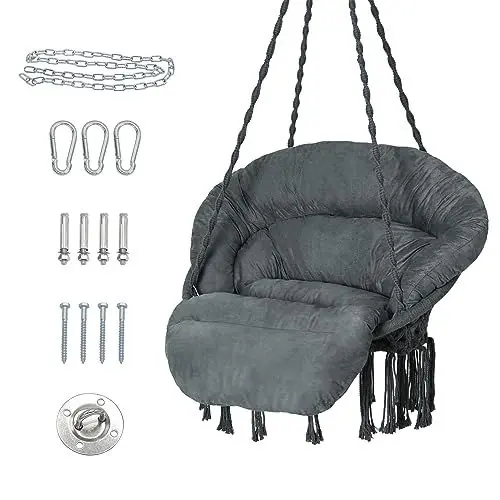 Produktbild: Bathonly Hängesessel mit Kissen, handgefertigter Makramee-Schaukelstuhl mit mit hängenden Kits, Bohemian Coton Hängeschaukel, Hängestuhl für Indoor & Outdoor, bis 150 kg belastbar, Dunkelgrau