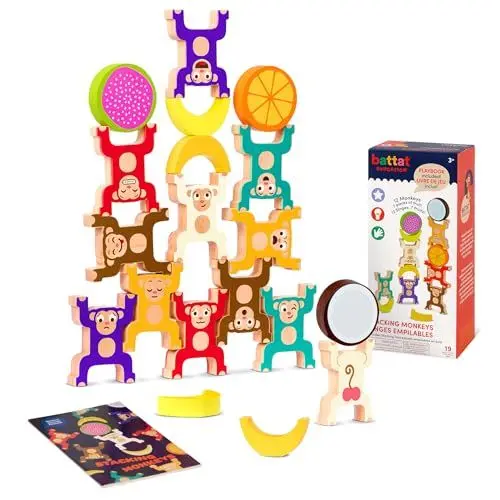 Produktbild: Battat Education BE3727Z Stapelspiel Holzäffchen – Affen und Obst Holzspielzeug, Lernspielzeug, Feinmotorik – Stapelspielzeug für Kinder ab 3 Jahren, Bunt