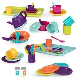 Produktbild: Battat Geschirr Set und Teeservice, Kinderküche Zubehör Teller, Tassen, Besteck, Teekanne, Tabletts – Kinder Kochgeschirr für Spielküche – Spielzeug Küchenzubehör Spielgeschirr ab 3 Jahren (45 Teile)