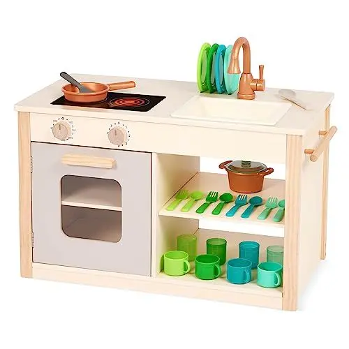 Produktbild: Battat – Kinderküche Holz mit Zubehör, Spielküche Holz, Holzküche – Kreidetafel, Ofen, Waschbecken, Herd, Geschirr, Holzspielzeug ab 2 Jahren (26 Teile)