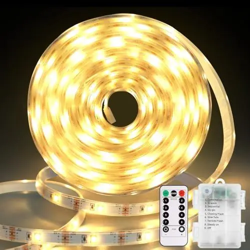 Produktbild: Batterie Streifen mit Fernbedienung, 3M 90LED Vollständig Abgedeckt LED Strip Batteriebetrieben Timer Selbstklebend Zuschneidbar LED Lichtband für TV Küchenschrank Außen deko(Warmweiß)