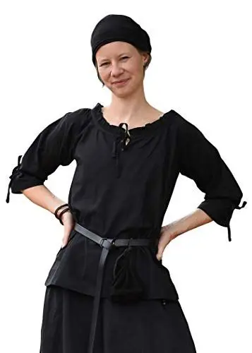 Produktbild: Battle-Merchant Mittelalter Bluse Birga | LARP Bluse aus Baumwolle mit 3/4 Arm | Mittelalter Kleidung für Damen (Schwarz/XL)