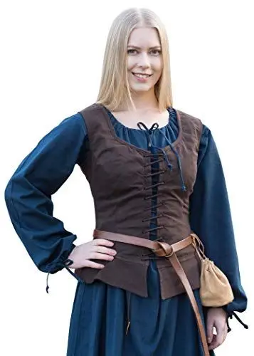 Produktbild: Battle-Merchant Mittelalter Korsage Tilda | Trachtenweste mit breiten Trägern aus Baumwolle | Spätmittelalter LARP Gewandung als Kostüm oder Tracht | Schwarz oder Braun Größen S-XXL (Braun, XL)