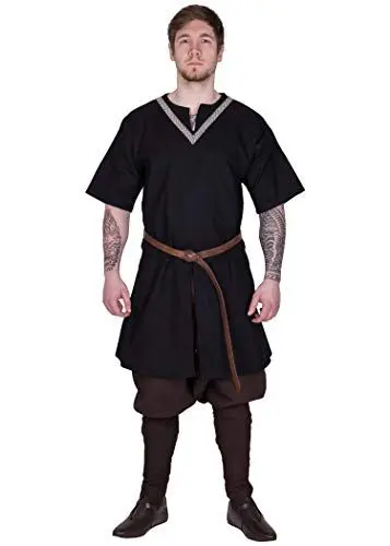 Produktbild: Battle-Merchant Mittelalter Tunika Ailrik | Baumwoll Tunika mit Bordüre für Herren | Kurzarm Wikinger Hemd | Krieger Verkleidung für Karneval (Schwarz/XL)