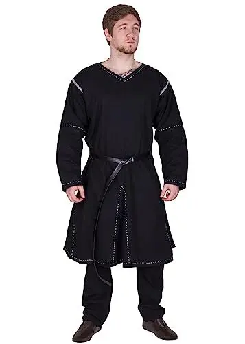 Produktbild: Battle-Merchant | Mittelalter Tunika Askur | LARP Wikinger Kleidung aus Baumwolle für Herren (Schwarz, L)