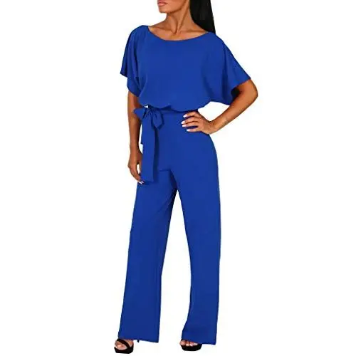 Produktbild: Battnot Damen Jumpsuit mit Gürtel Rundhalsausschnitt Elegant Sexy, Frauen Overalls Business Kurzärmliger Clubwear Gerade Geschnittener Playsuit Partyanzug Spielanzug Hosen Womens Modern Kleidung