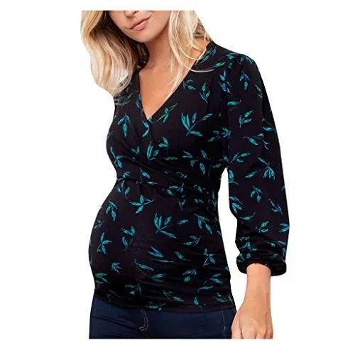 Produktbild: Battnot Damen Umstandsoberteil Blumen Dot Punkt Streifen Gedruckt, Frauen Schwanger Nusring Mutterschaft Langarm Kreuz V-Ausschnitt Rüschen Elegant Bluse Pullover Shirts Pregnant Woman Tops S-XXL