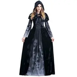 Produktbild: Battnot Halloween Kostüm für Damen Maxi Kleider+Umhang 2-teiliges Set, Frauen Hexe Cosplay Horror-Vampir Party Vintage Langarm Hausfrau Abend Abschlussball Schwingen Kleidung Womens Dress S-XXL