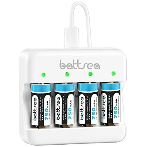 Produktbild: Battsea 123A wiederaufladbare Lithium-Batterie 4-Pack 750mAh 3.7V mit Schnellladegerät, Compatible with Arlo Kamera Taschenlampen Mikrofon Rauchmelder Elektrischer Rasierer Wecker Rechner