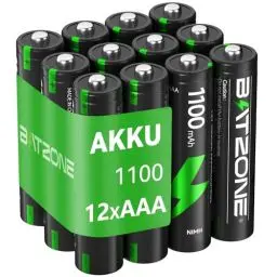 Produktbild: BATZONE 12 x AAA NI-MH Akkus, wiederaufladbare AAA Batterien, 1.2v Micro AAA Akku, 1100mAh hohe Kapazität, geringe Selbstentladung, mit Batterie Schutzbox
