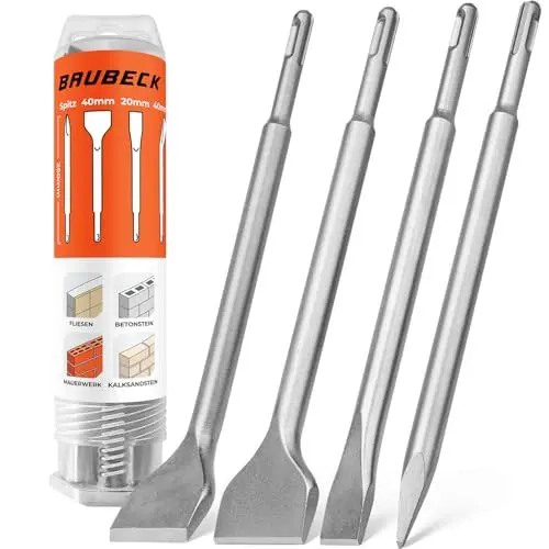 Produktbild: BAUBECK Meißel Set für Beton & Mauerwerk - SDS Plus - LONG LIFE (4tlg) - 250mm lang, angewinkelt und gerade - SDS Plus Meißel Set SDS Meißel Set Meißel SDS Plus