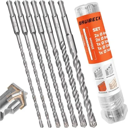Produktbild: BAUBECK SDS Plus Bohrer Set für Beton (7tlg - Ø6-14 & 210mm lang) 4 Schneiden - Langlebige Betonbohrer aus 40CR Stahl für Präzise Ergebnisse - Bohrer Set Beton Schlagbohrer SDS Bohrer Stein