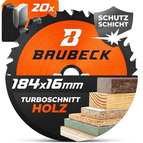 Produktbild: BAUBECK Sägeblatt 184x für Holz Zuschnitt - Schneller Schnitt Kreissägeblatt 184x16 für Holz und Sägeblatt 184x16 184x16x1.4