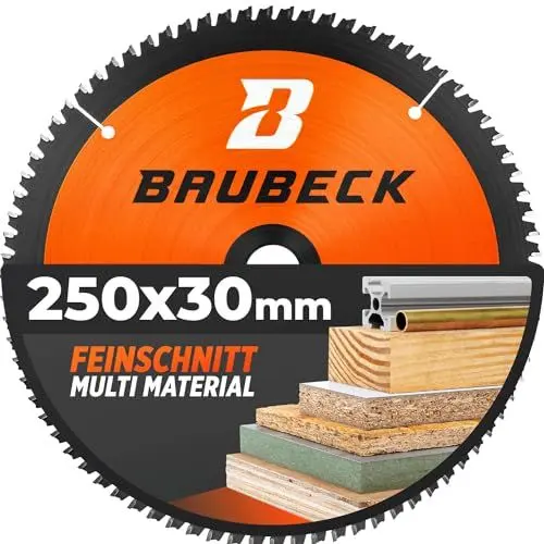 Produktbild: BAUBECK Sägeblatt 250x30 - Multi Material Feinschnitt - Sägeblatt 250 Holz, Aluminium, Metall uvm. - Kreissägeblatt 250x30 kompatibel mit allen 250er Kappsägen und Tischkreissägen