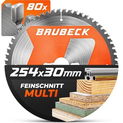 Produktbild: BAUBECK Sägeblatt 254x30 2.2mm Feinschnitt in Holz & Alu, 80 Zähne für Kapp- & Tischkreissägen, wie Metabo KGS 254 M, Bosch GTS 10 XC, PTS 10 kompatibel, Kreissägeblatt 254, Kappsägeblatt 254