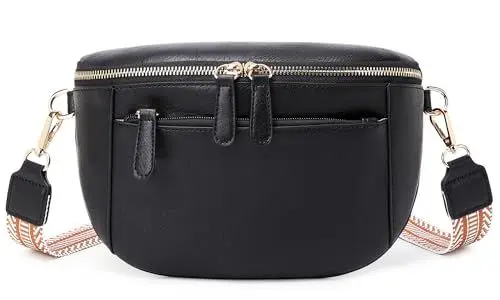 Produktbild: Bauchtasche Damen breiter Gurt, Schwarz Umhängetasche Damen für Festival, Reisen, Leder Stylisch Crossbody Bag