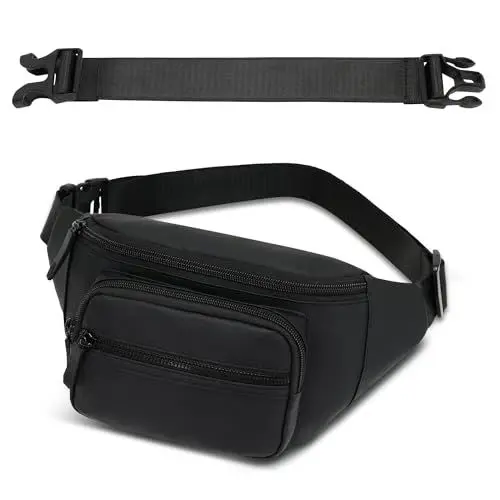 Produktbild: Bauchtasche Gürteltasche Wasserdicht für Herren Damen mit Einem 30 cm Verlängerten Gürtel Großem Fassungsvermögen Hüfttasche für Reise Camping Hundespaziergänge und Outdoor-Aktivitäten (Schwarz)